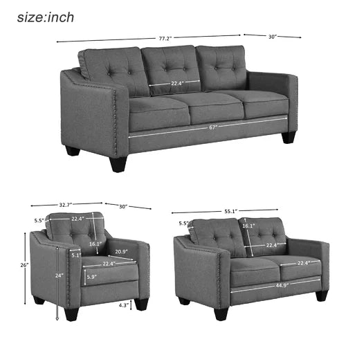 3 Piece Living Room Set With Tufted Cushions