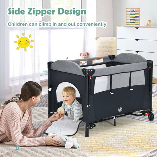 5-in-1 Mini Convertible Portable Upholstered Crib with Mattress and Storage