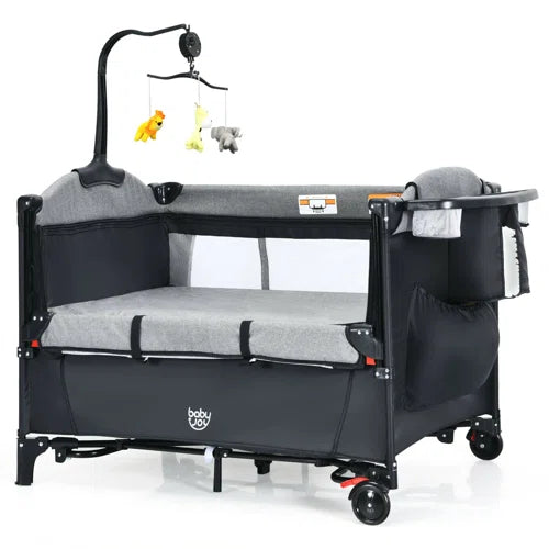 5-in-1 Mini Convertible Portable Upholstered Crib with Mattress and Storage