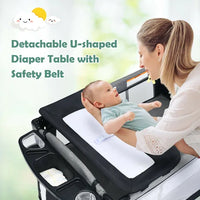 5-in-1 Mini Convertible Portable Upholstered Crib with Mattress and Storage