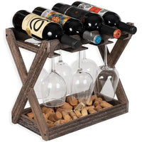 Thumbnail for Selman 4 Bottle Solid Wood Tabletop Wine Bottle & Glass Rack in Torched Brown