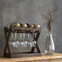 Thumbnail for Selman 4 Bottle Solid Wood Tabletop Wine Bottle & Glass Rack in Torched Brown