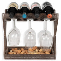 Thumbnail for Selman 4 Bottle Solid Wood Tabletop Wine Bottle & Glass Rack in Torched Brown
