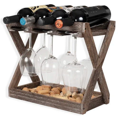 Selman 4 Bottle Solid Wood Tabletop Wine Bottle & Glass Rack in Torched Brown